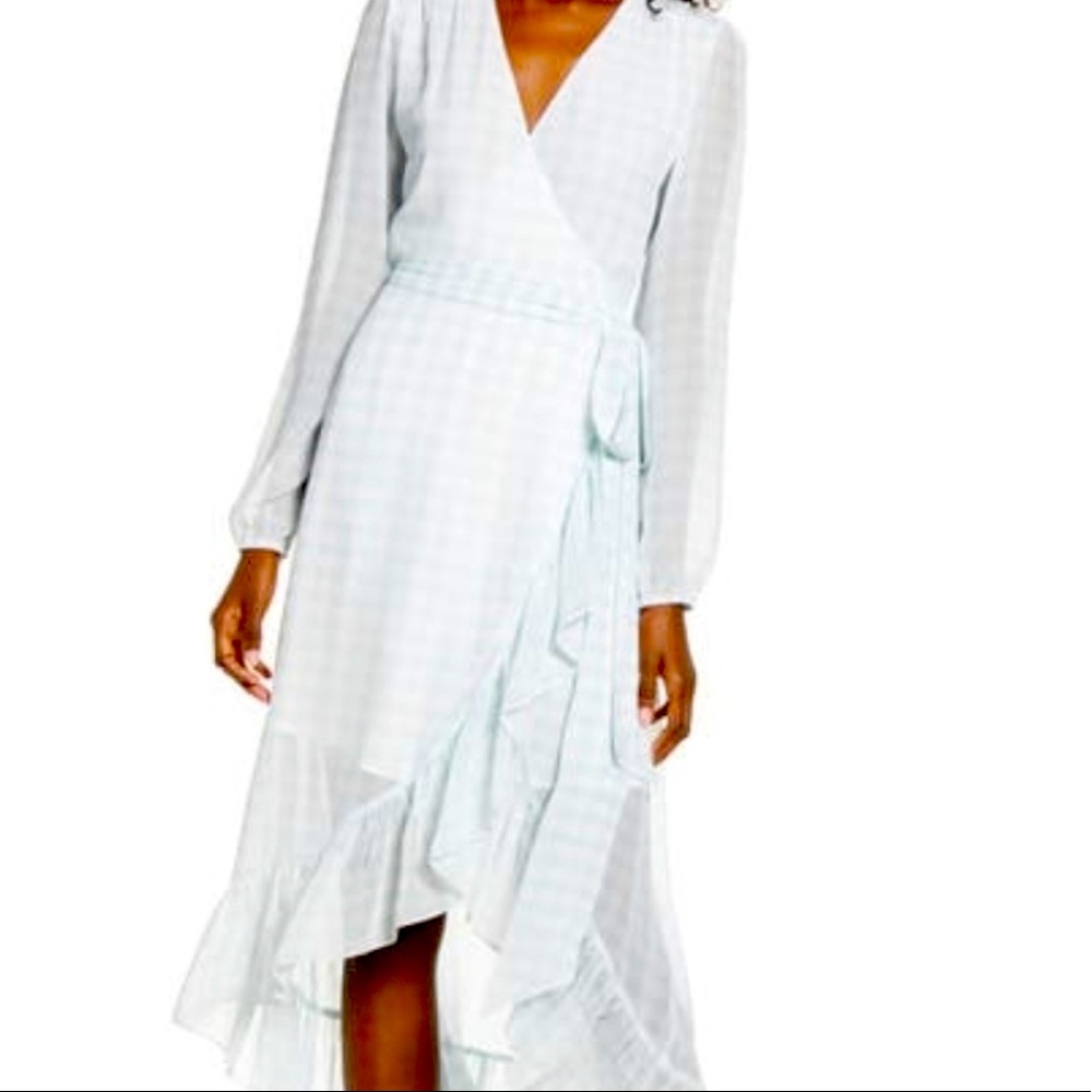 Wayf Blue And White Checkered Only You Gingham Wrap Dress